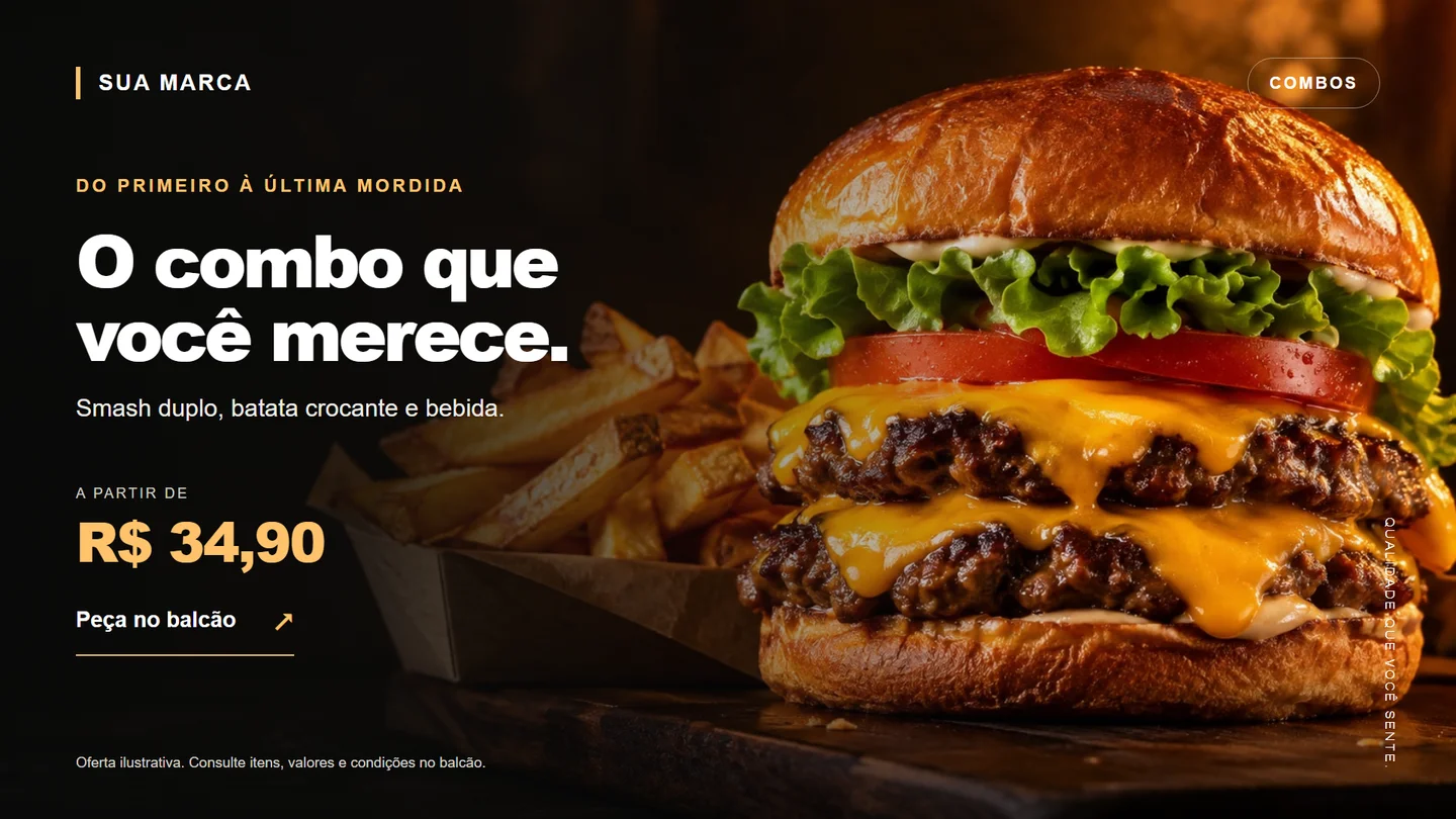 Campanha fotográfica de hambúrguer artesanal com batatas fritas